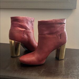 Elegant Burgundy Leather Ankle Boots with Gold Heels